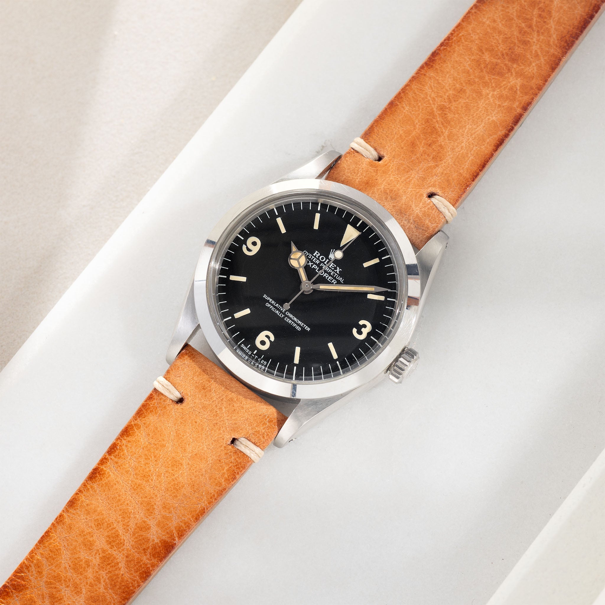 Natural  Grain Caramel Brown Leather Watch Strap on Rolex 1016 Explorer