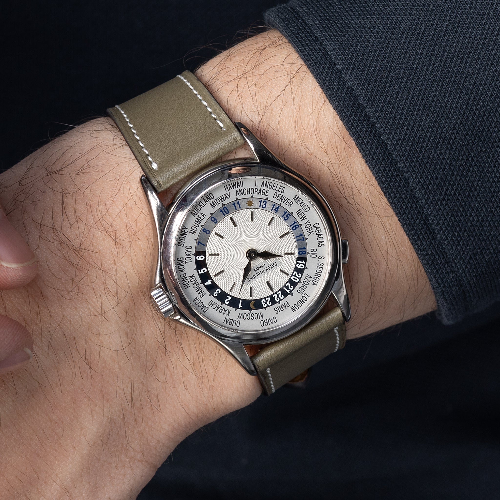 Olive Silk Calf Leather Watch Strap on Patek Philippe Worldtime 5110
