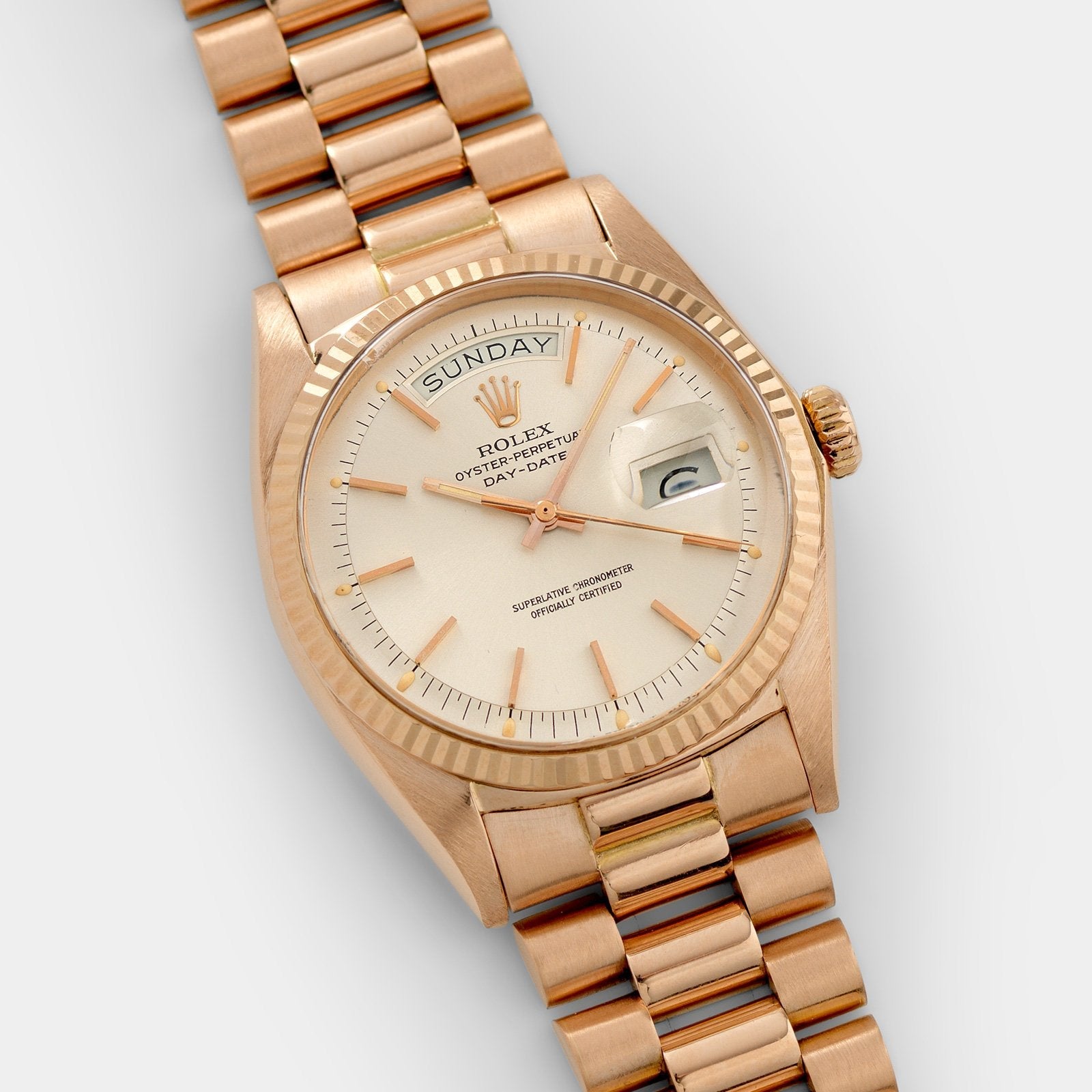 Rolex Day Date Pink Gold Silver Soleil Dial 1803