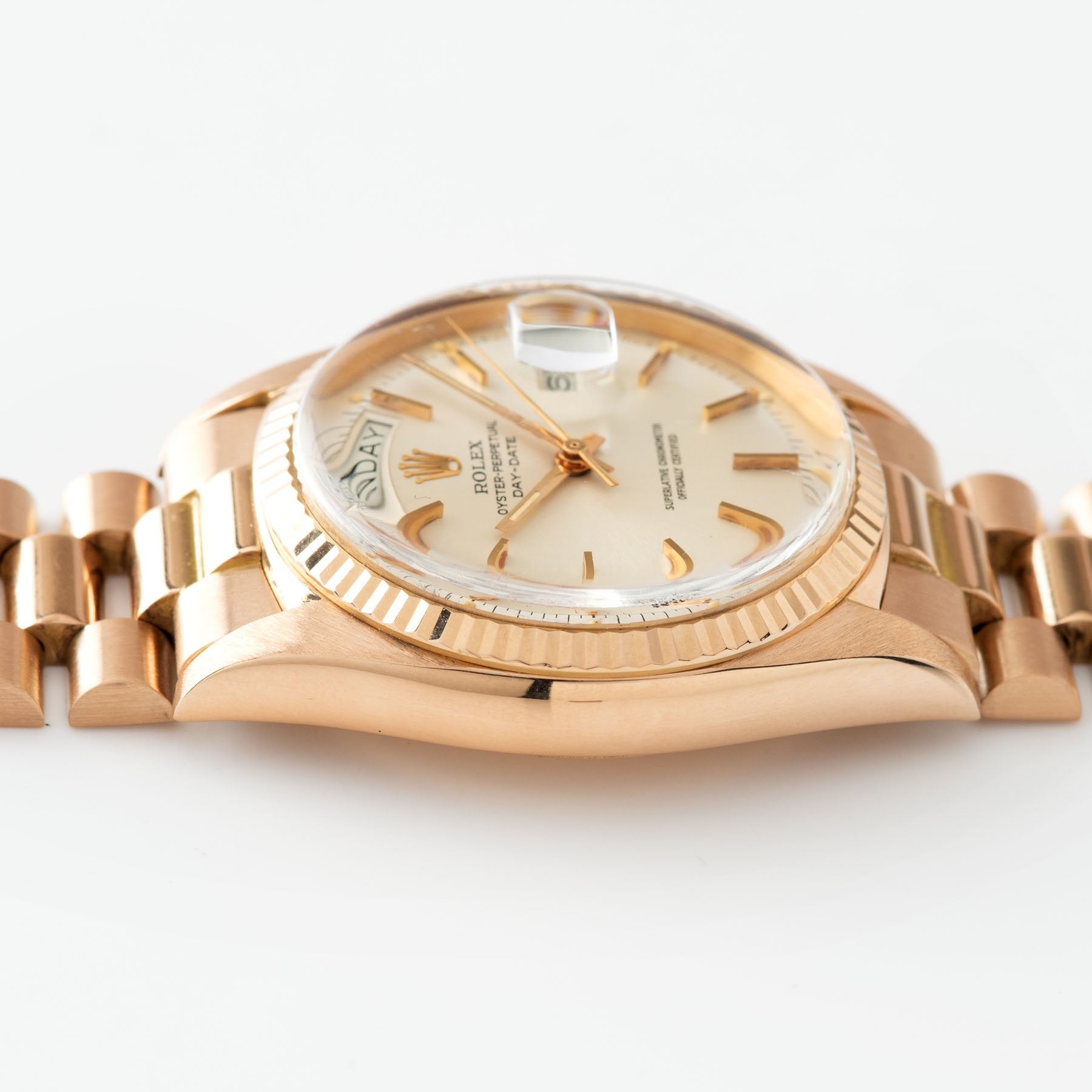 Rolex Day Date Pink Gold Silver Soleil Dial 1803