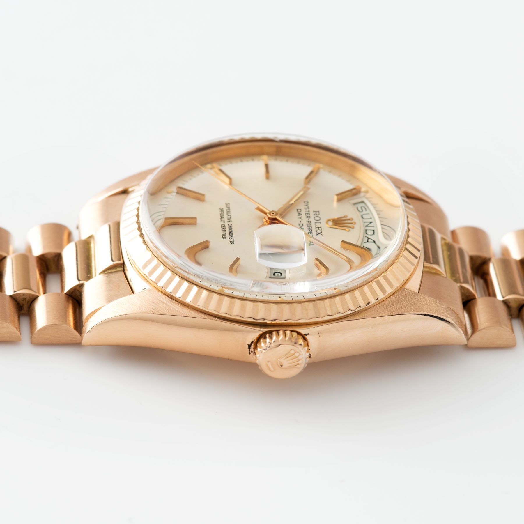 Rolex Day Date Pink Gold Silver Soleil Dial 1803