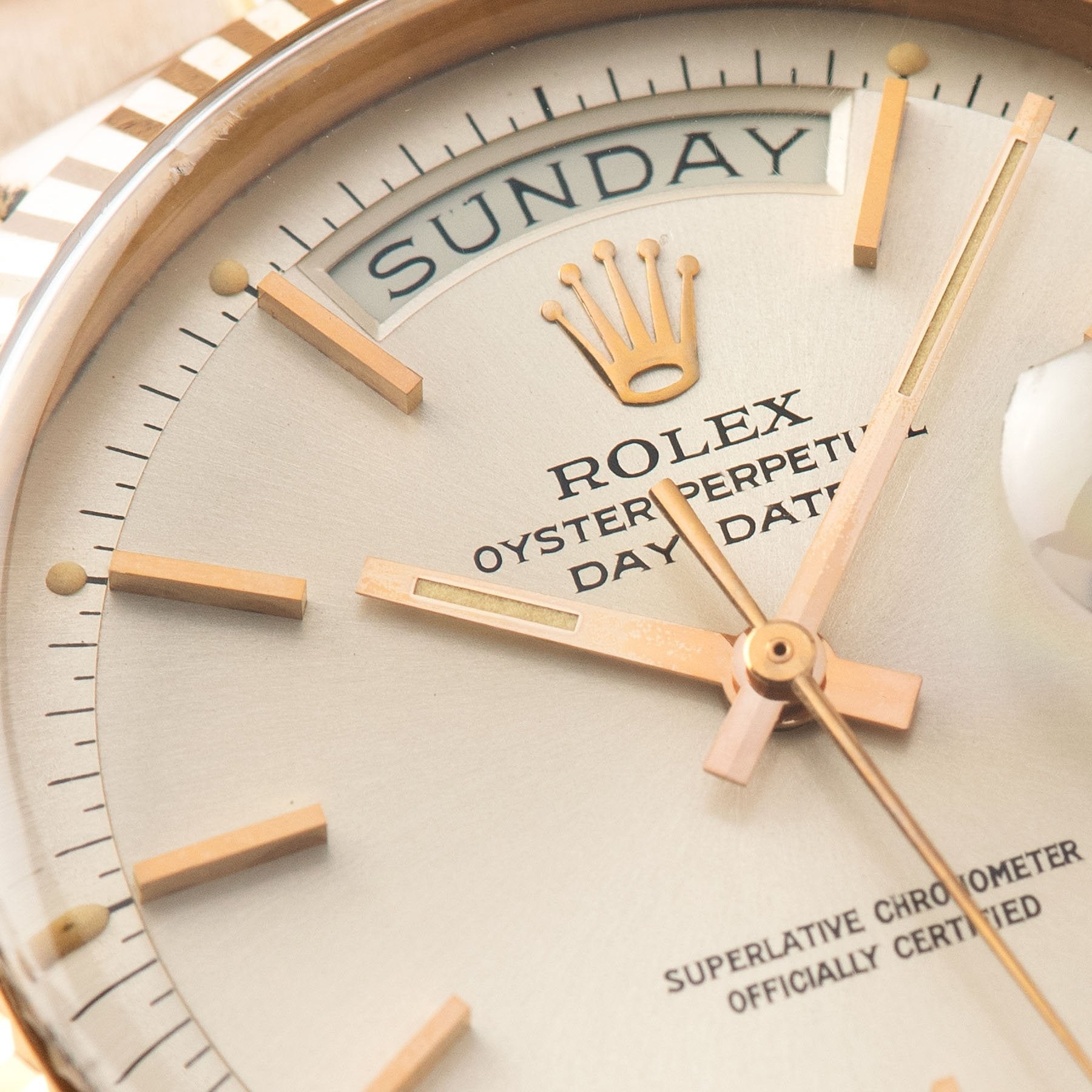 Rolex Day Date Pink Gold Silver Soleil Dial 1803