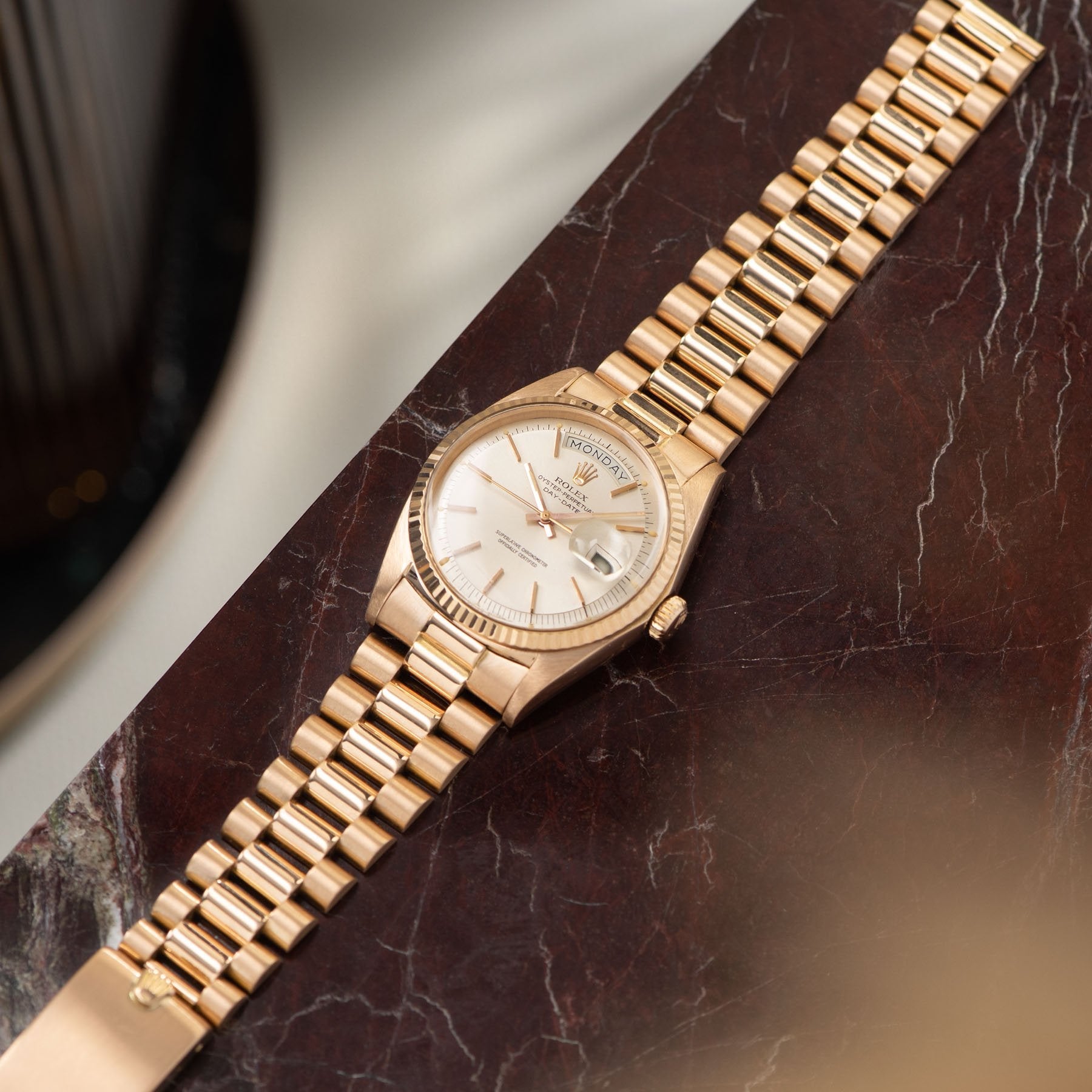 Rolex Day Date Pink Gold Silver Soleil Dial 1803