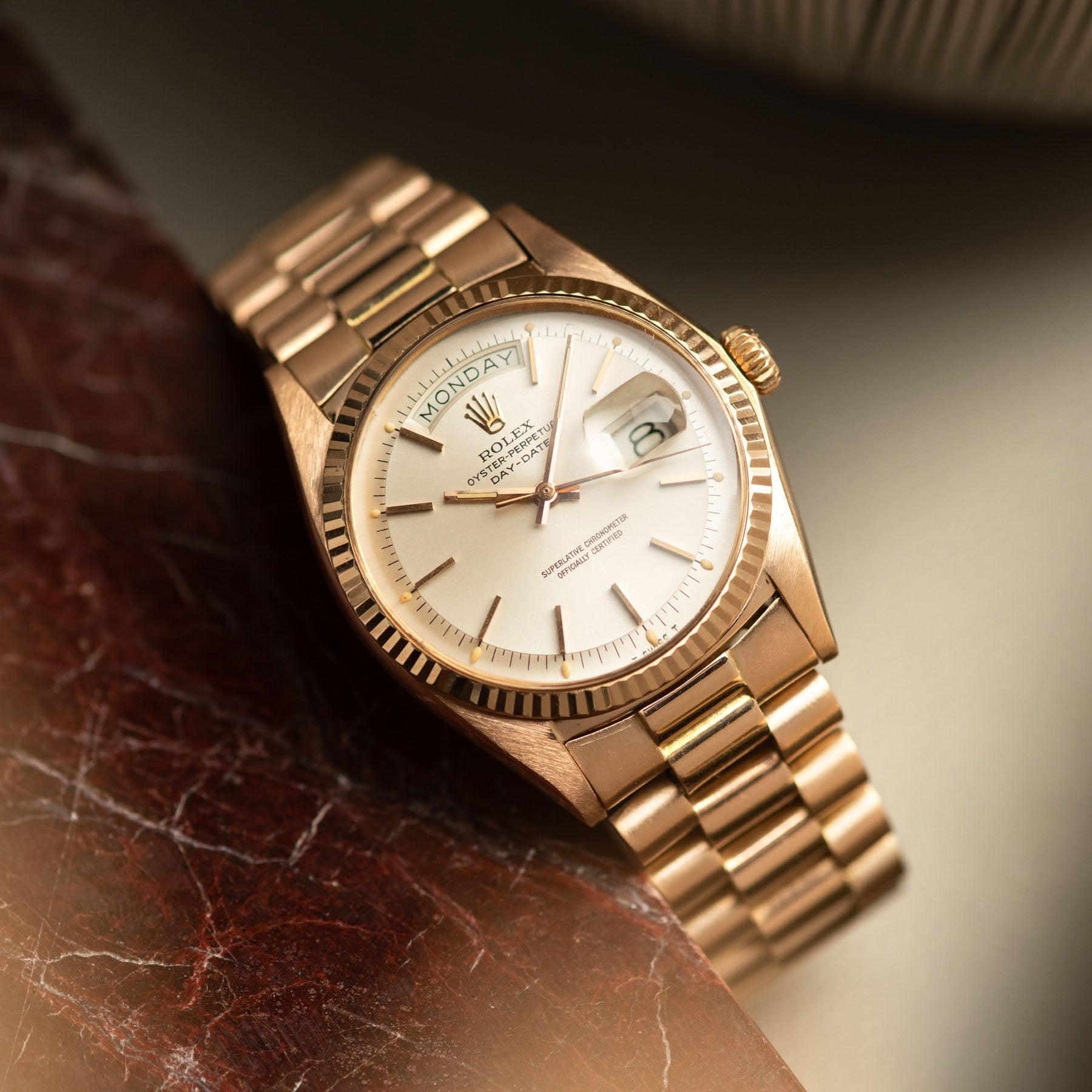 Rolex Day Date Pink Gold Silver Soleil Dial 1803