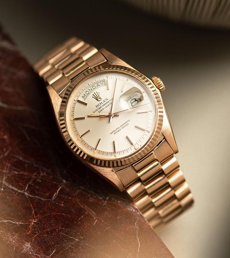 Rolex Day Date Pink Gold Silver Soleil Dial 1803