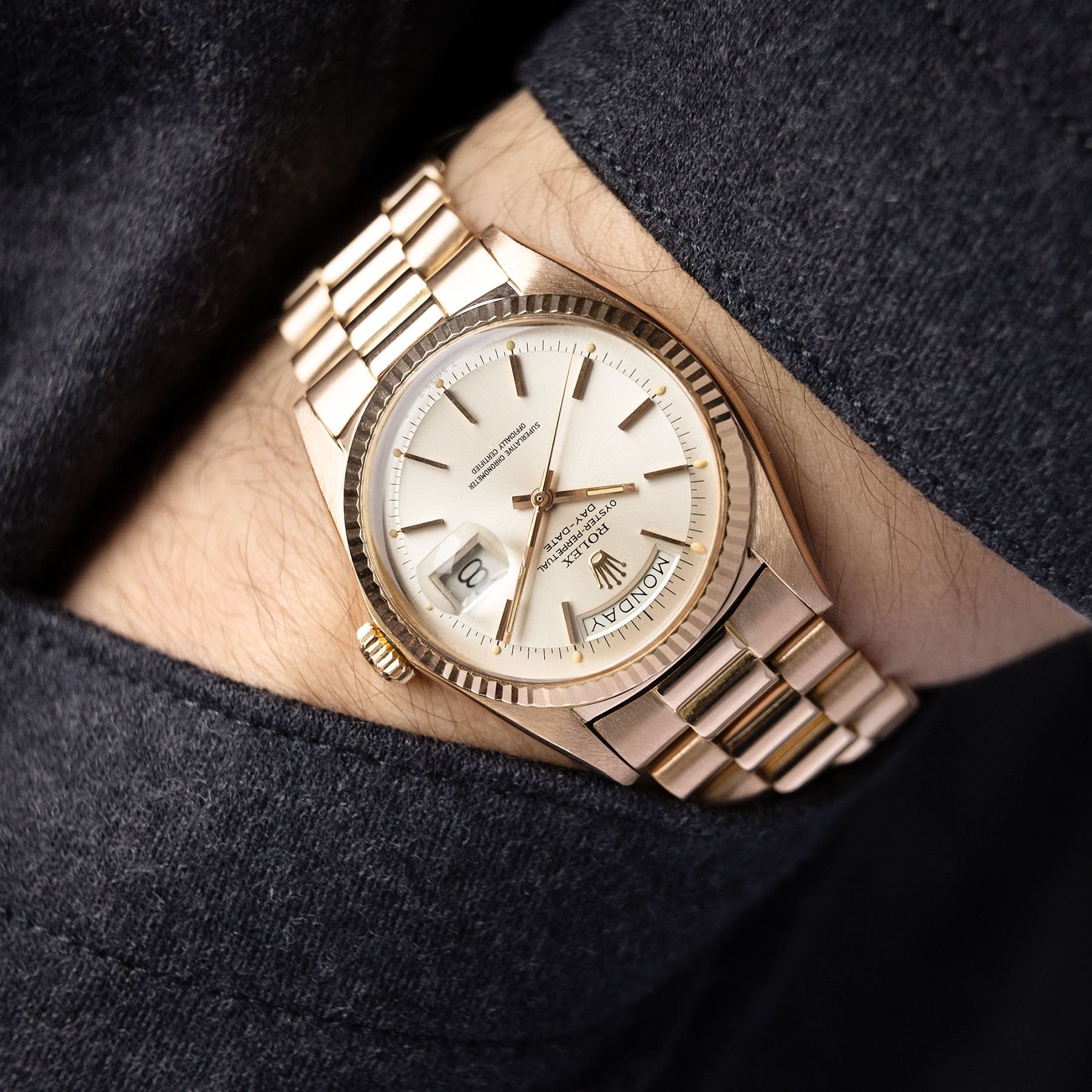 Rolex Day Date Pink Gold Silver Soleil Dial 1803