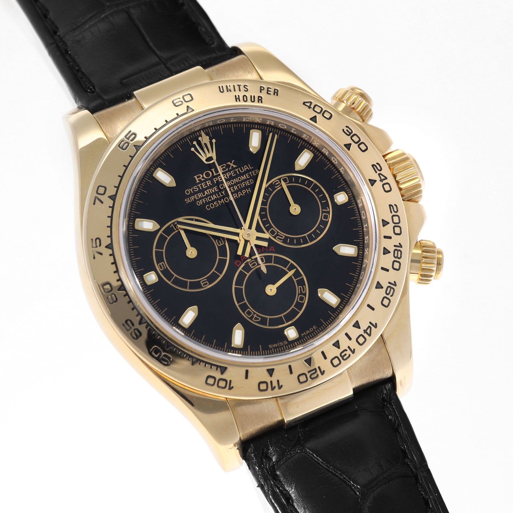 Rolex Daytona 116518 Yellow Gold Case Black Dial Leather Strap