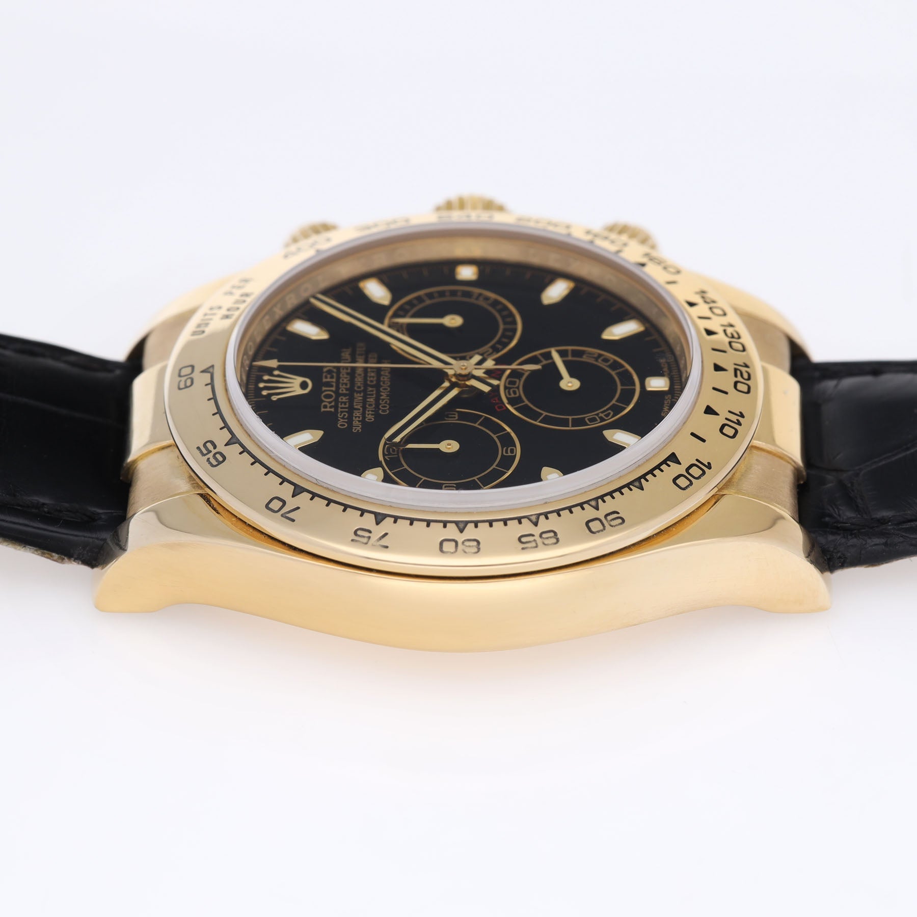 Rolex Daytona 116518 Yellow Gold Case Black Dial Leather Strap