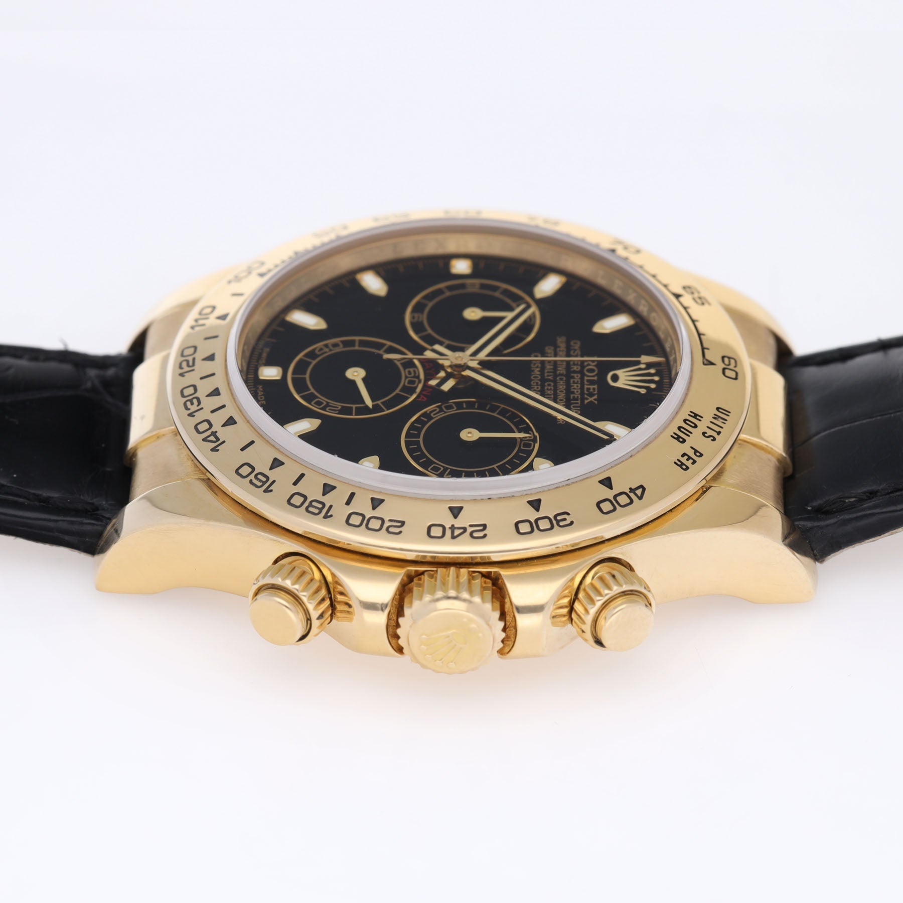 Rolex Daytona 116518 Yellow Gold Case Black Dial Leather Strap