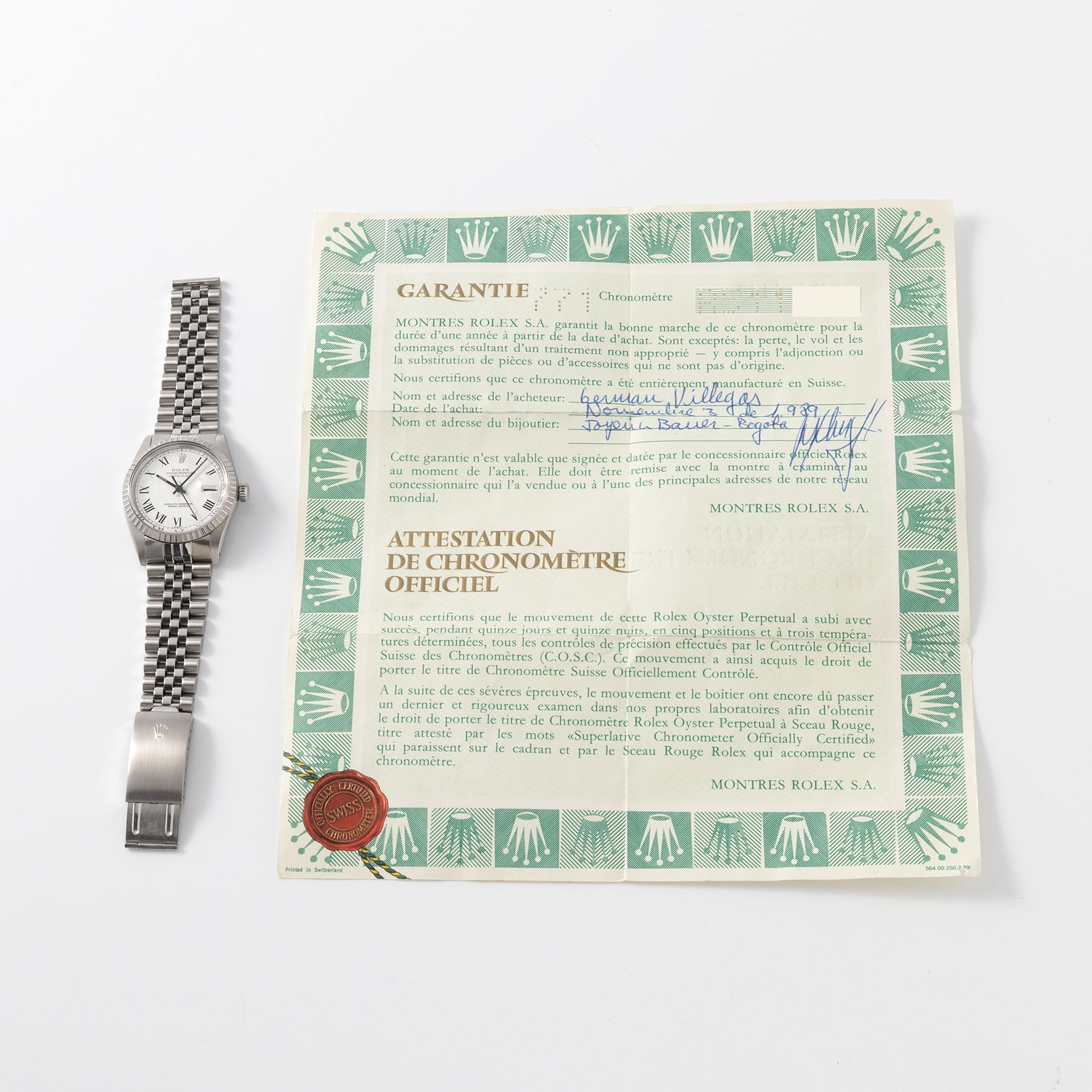 Rolex Datejust 16030 White Buckley Dial with Guarantee Papers