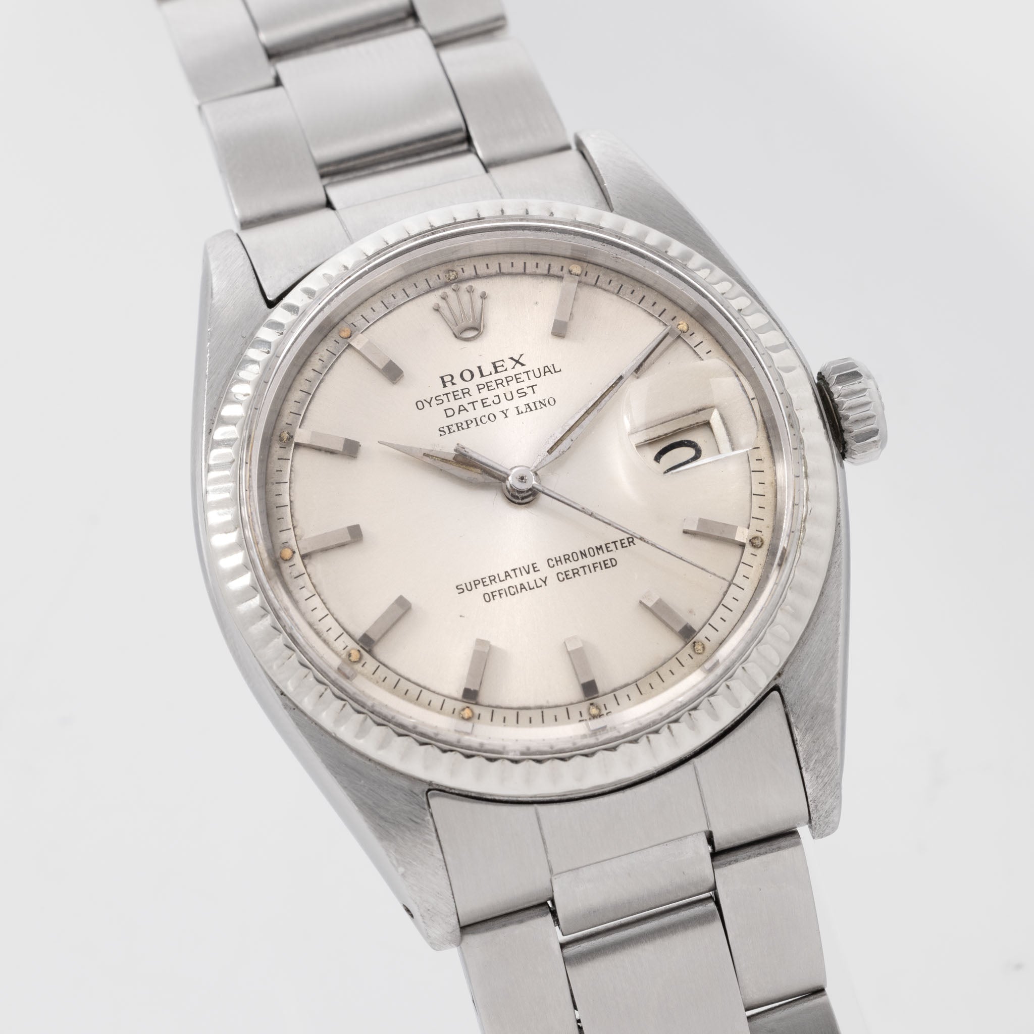 Rolex Datejust Serpico y Laino Double Signed Silver Soleil Dial Ref 1601