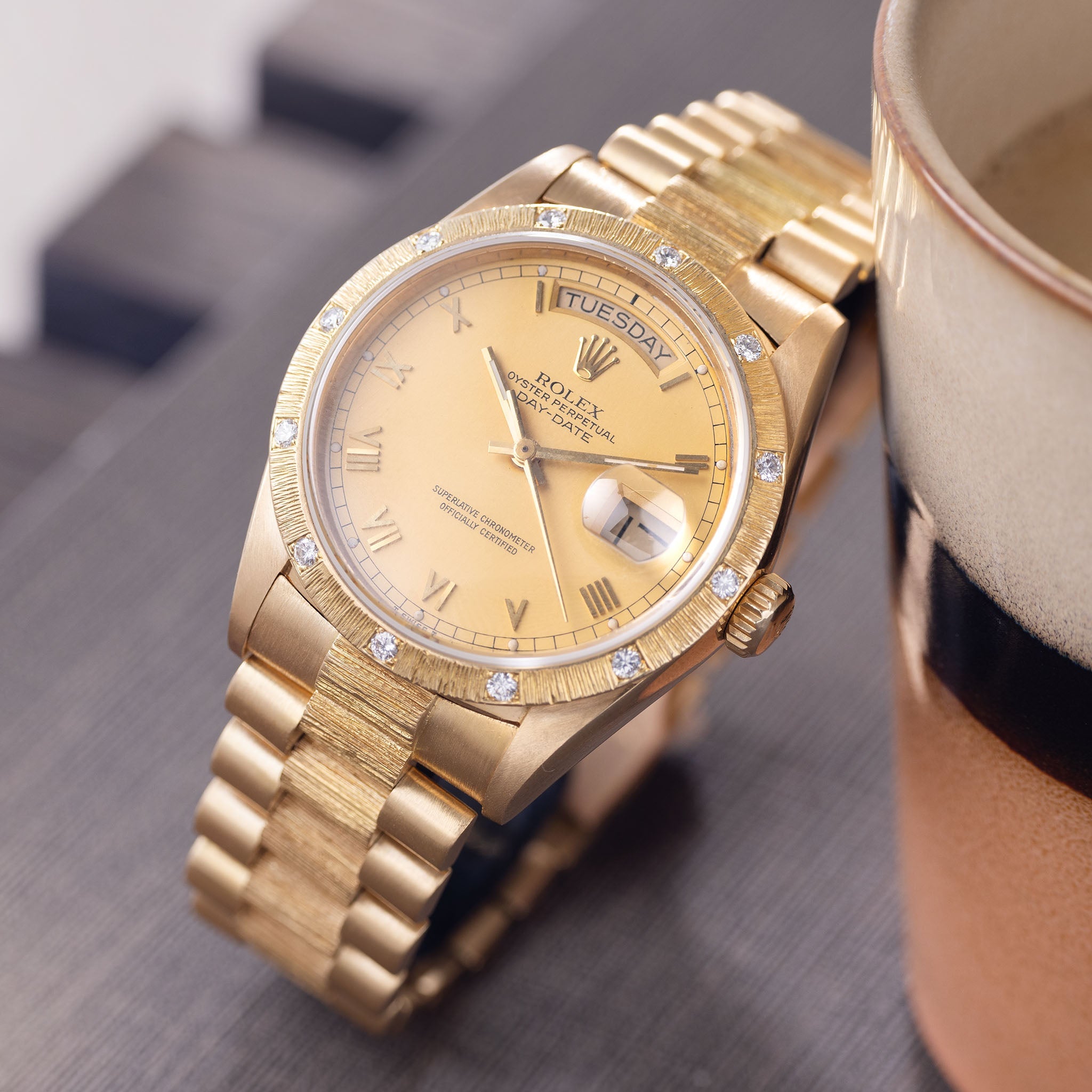 Rolex Day-Date 18108 Bark Finish Matte Roman Champagne Dial