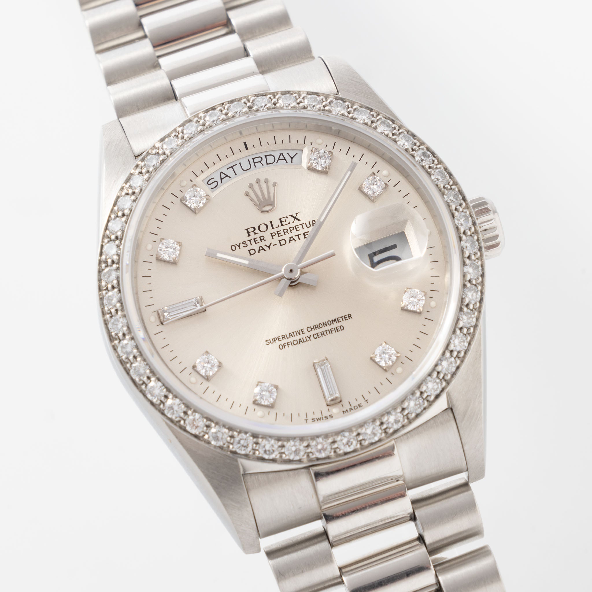 Rolex Day-date silver sunburst big diamond dial ref. 18046 in platinum