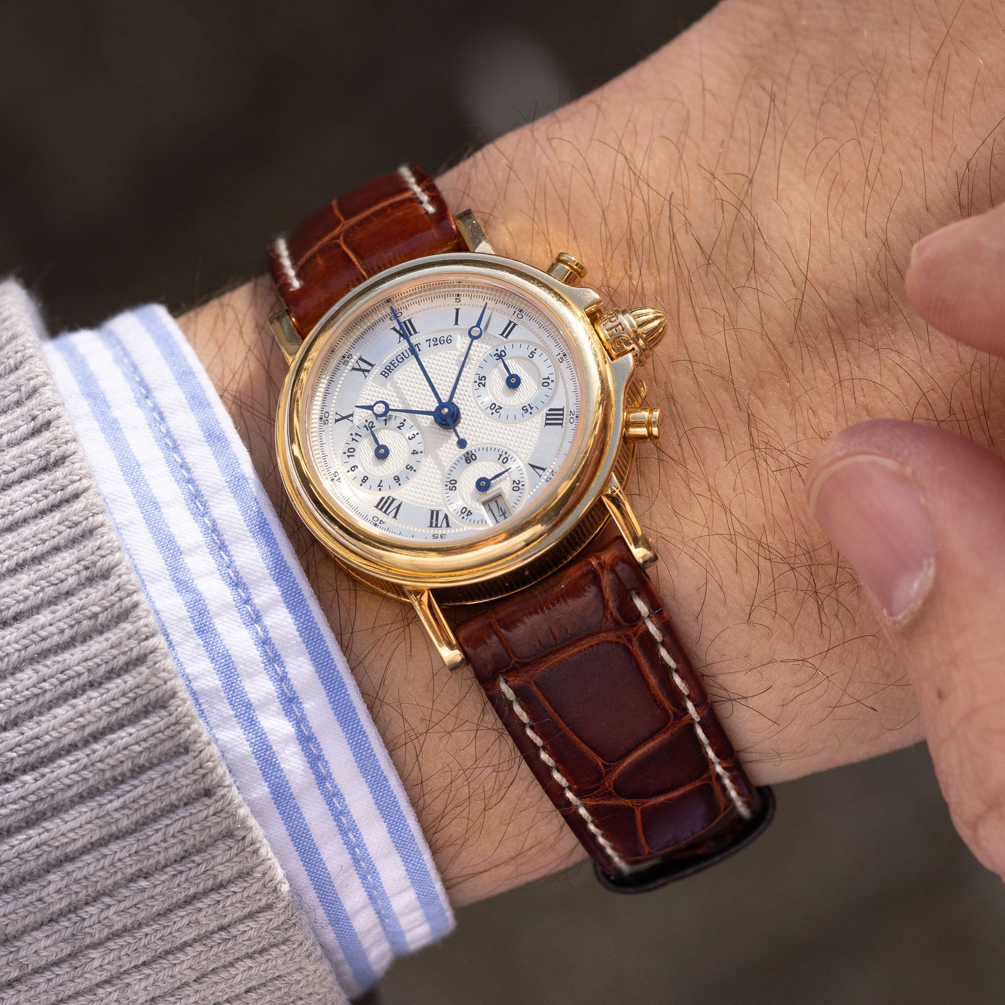 Breguet Marine Chronograph Silver Guilloché Dial 18k Yellow Gold Ref. 8490