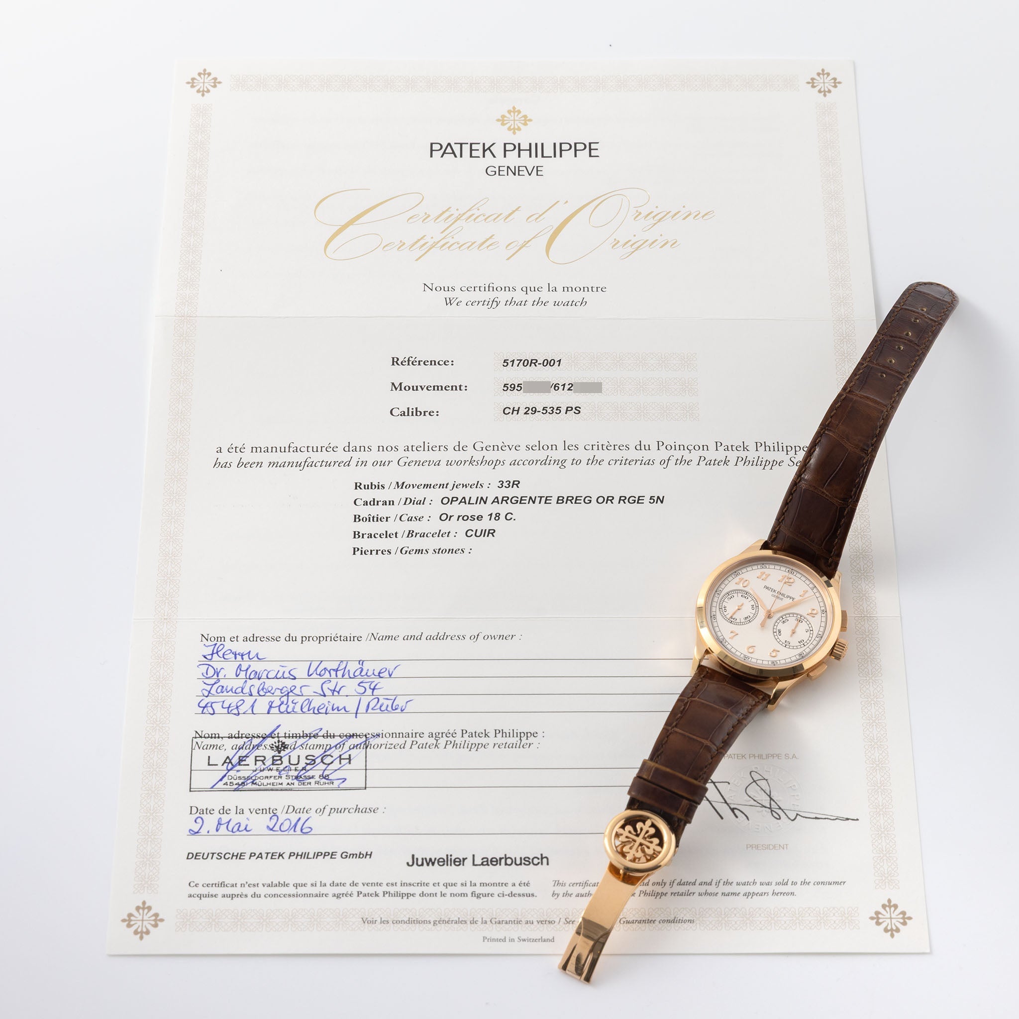 Patek Philippe Chronograph 5170-001R “Breguet Numerals” in 18K Rose Gold Box and Paper Set