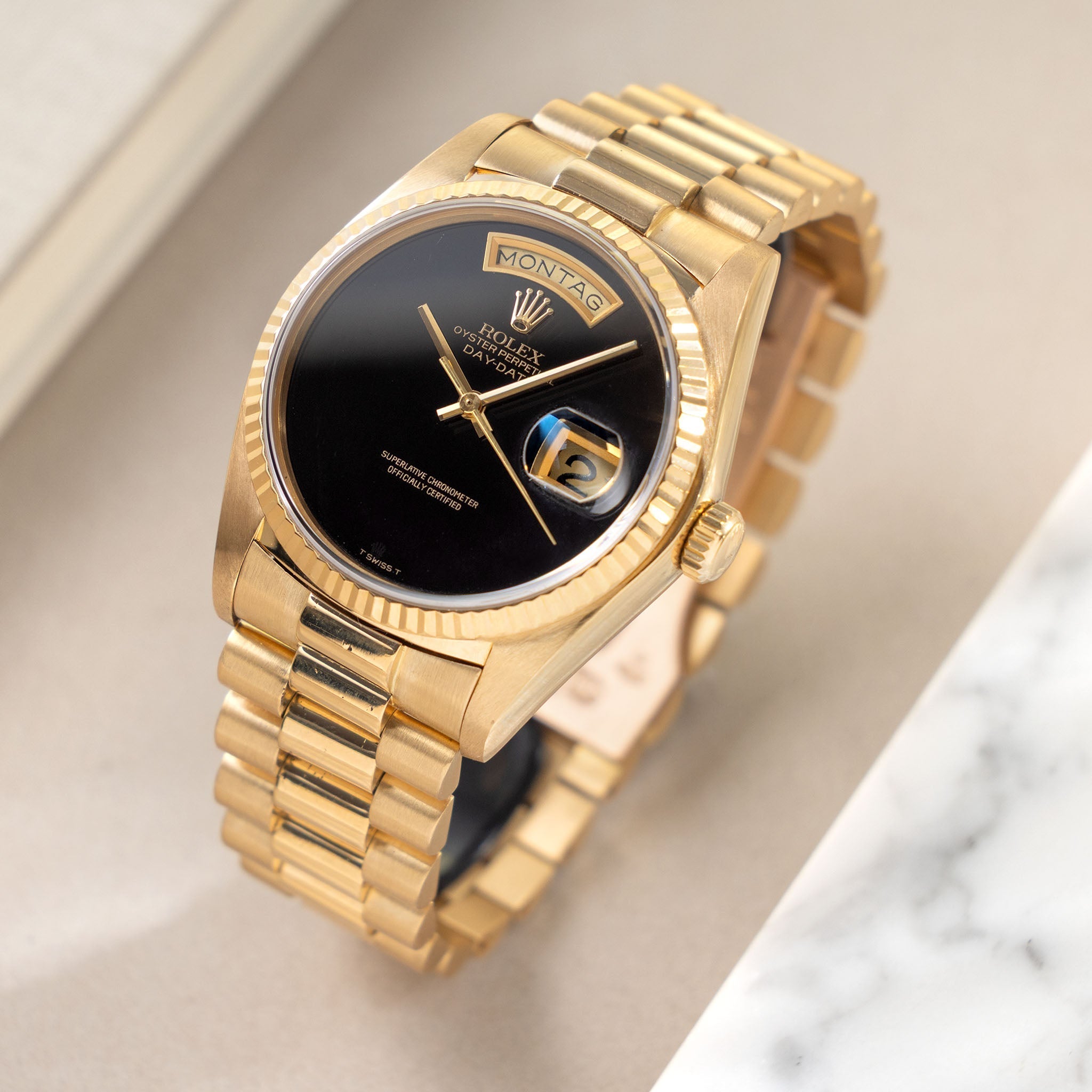 Rolex Day-Date Onyx T Swiss T Dial ref. 18038 in 18k Yellow Gold