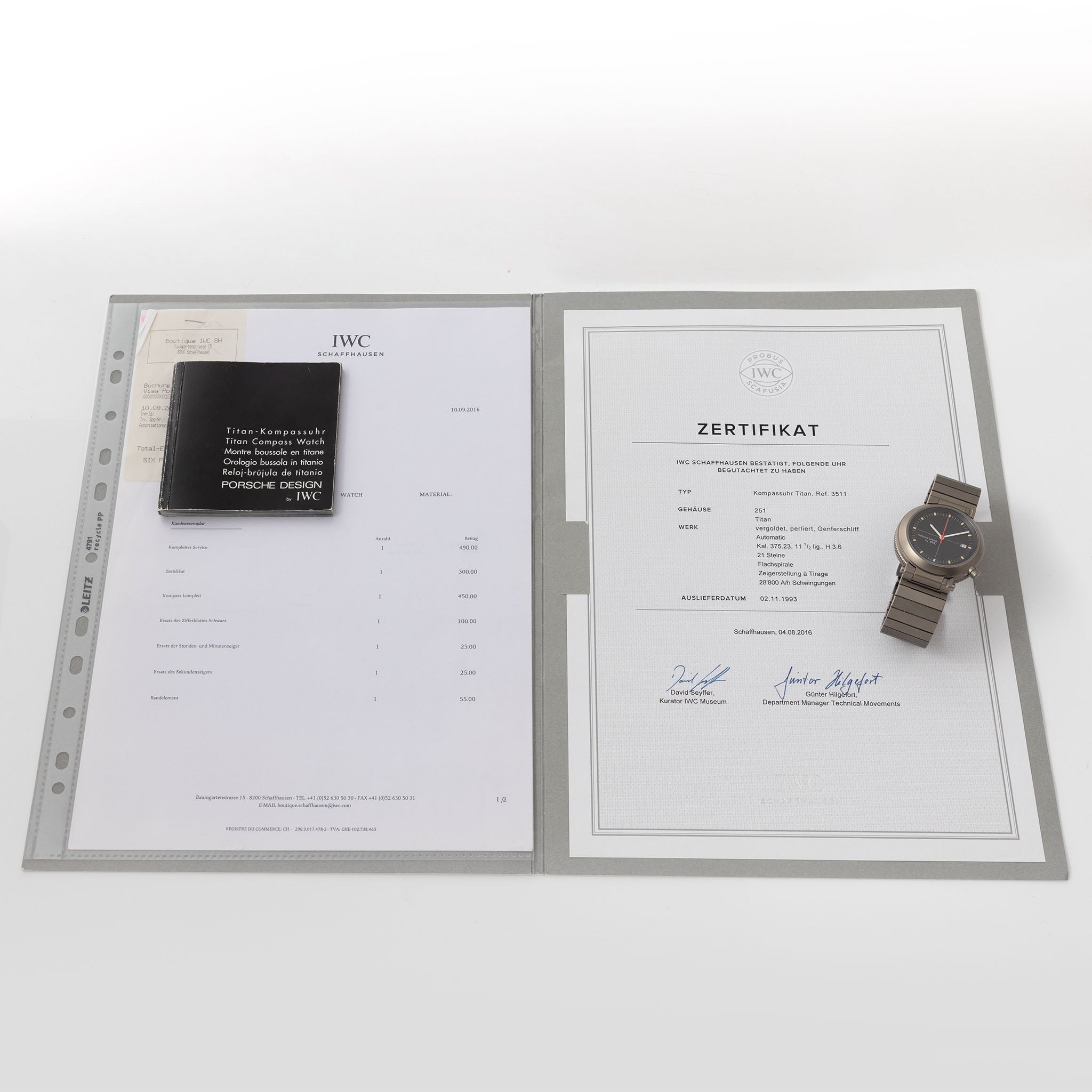 IWC/Porsche design compass watch in titanium ref 3511 with Certificate of Authenticity  paper and IWC service invoice