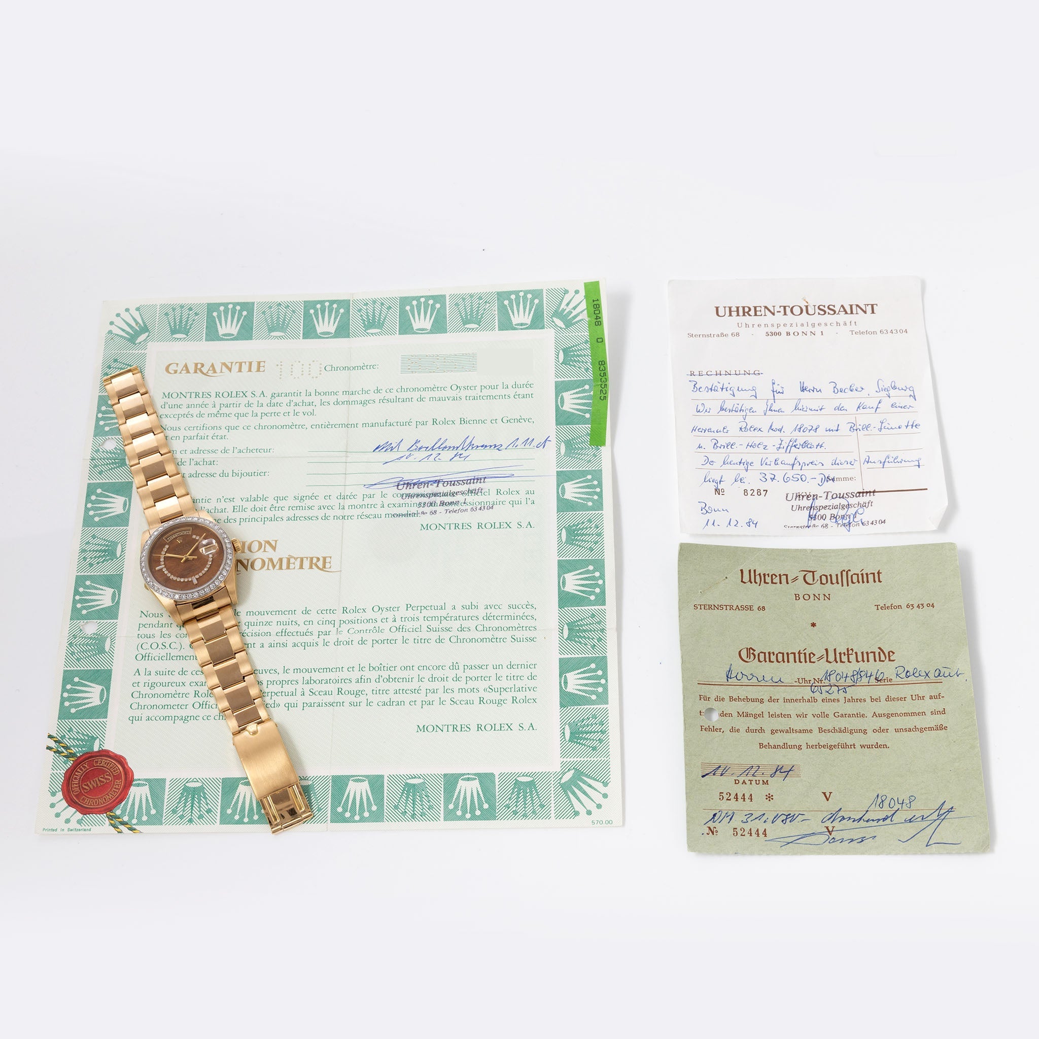 Rolex Day-date Wood Diamond string dial ref 18048 with Original Punched Guarantee Paper