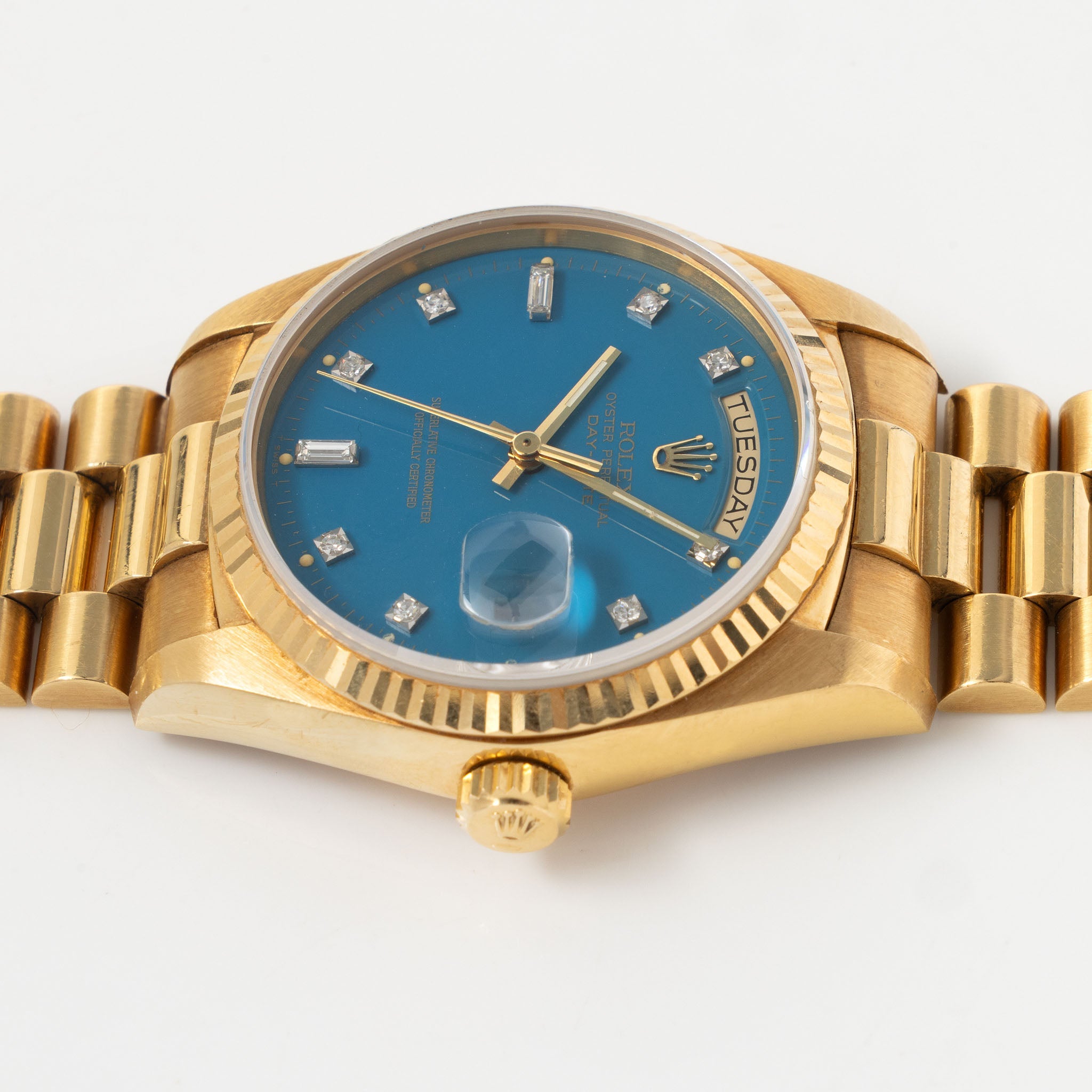Rolex Day-Date 18038 Petrol Blue Stella Dial in 18k Yellow Gold