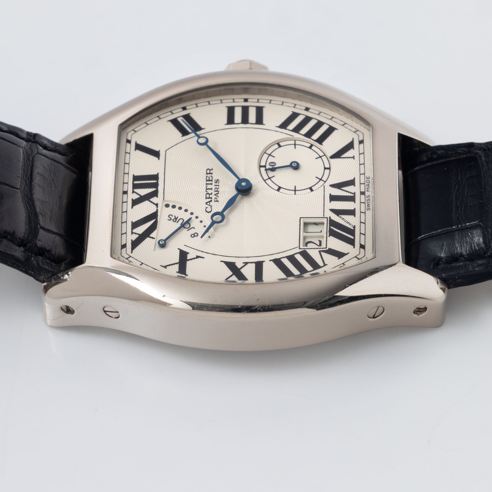 Cartier Tortue XL CPCP 8 days in 18 k white gold ref 2761 Silver Guiloché dial
