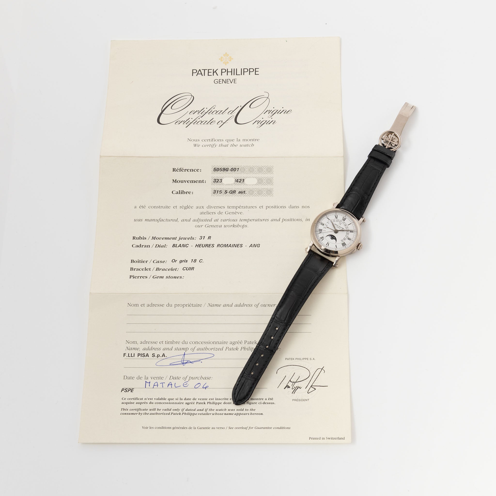 Patek Philippe Retrograde Perpetual Calendar 5059G Officer Case in 18k White Gold with Original Certificate of Origine