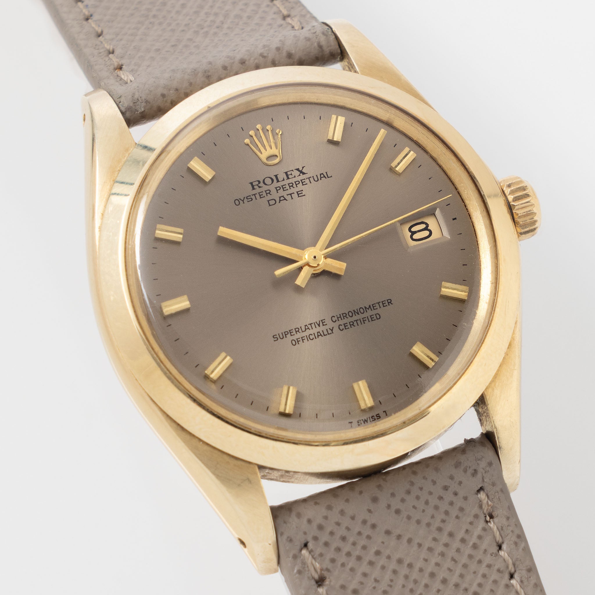 Rolex Oyster Perpetual Date 1500 Taupe Singer Proto/Test Dial in 14k Yellow Gold