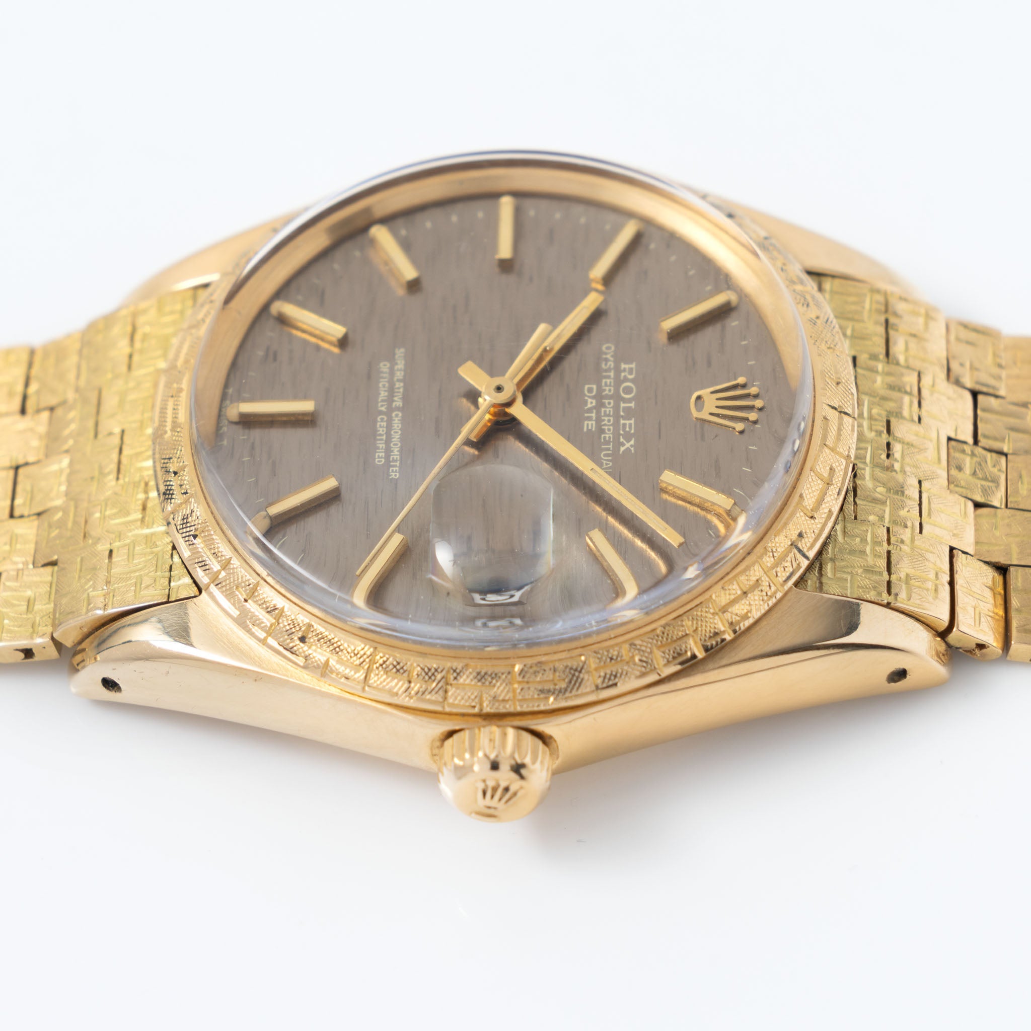 Rolex Oyster Perpetual Date 1504 Grey Shantung Dial Moreau Finish with Brick Bracelet in 18k Yellow Gold