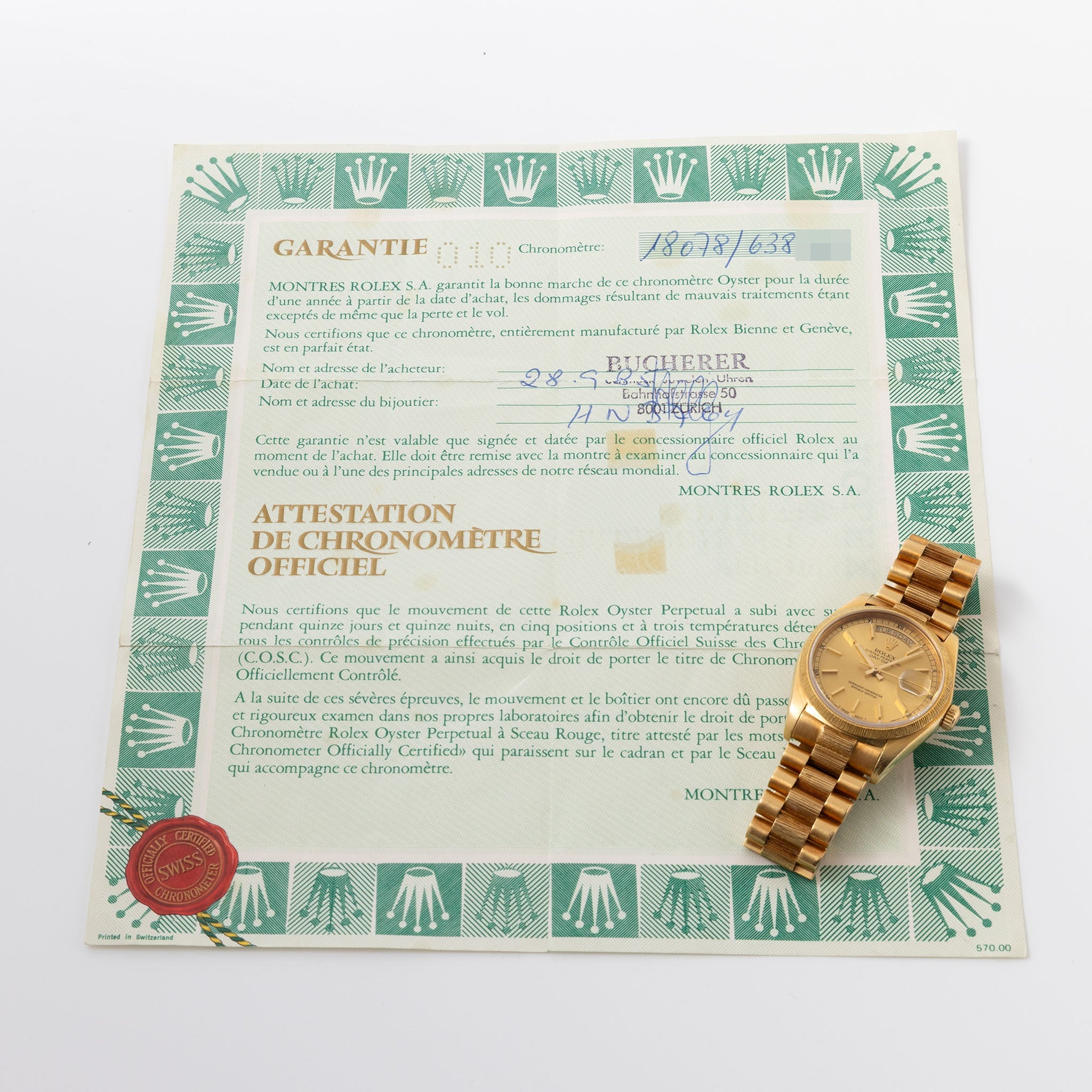 Rolex Day-Date 18078 Champagne Dial Bark with Papers W3731