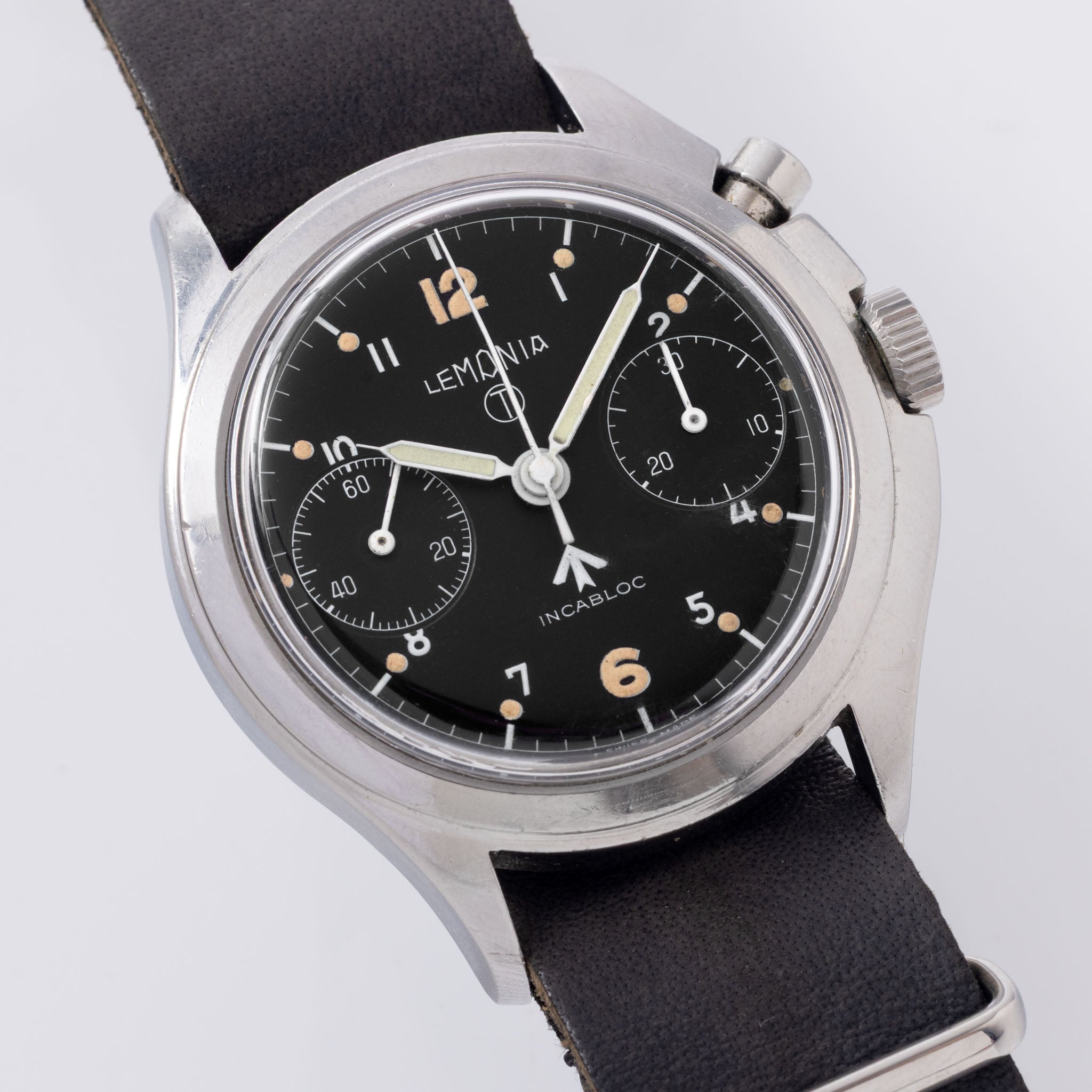 Lemania Monopusher Chronograph 6BB Asymmetric Case Military Chronograph Black Dial issued to the Royal Air Force