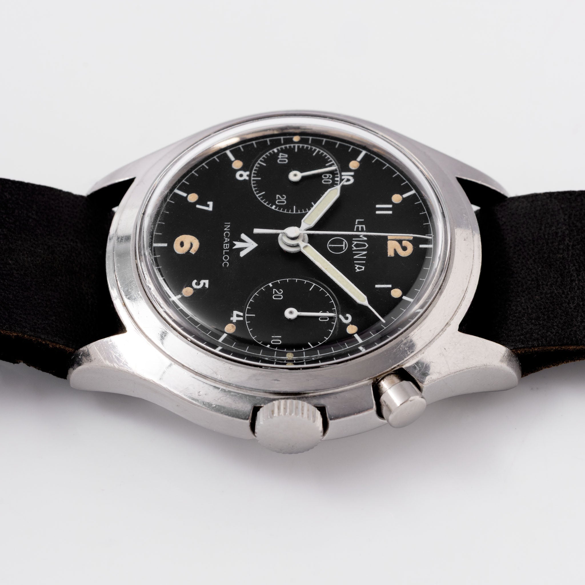Lemania Monopusher Chronograph 6BB Asymmetric Case Military Chronograph Black Dial issued to the Royal Air Force