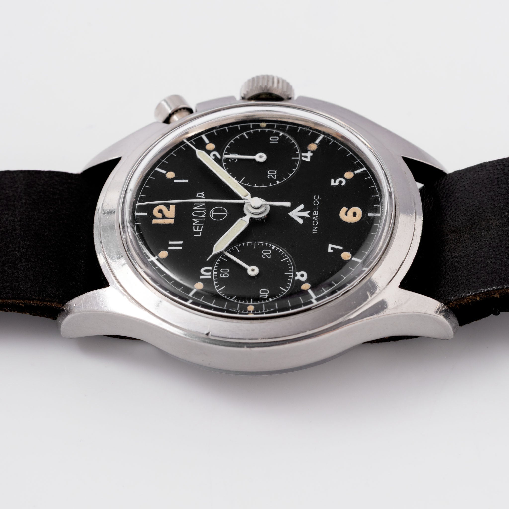 Lemania Monopusher Chronograph 6BB Asymmetric Case Military Chronograph Black Dial issued to the Royal Air Force