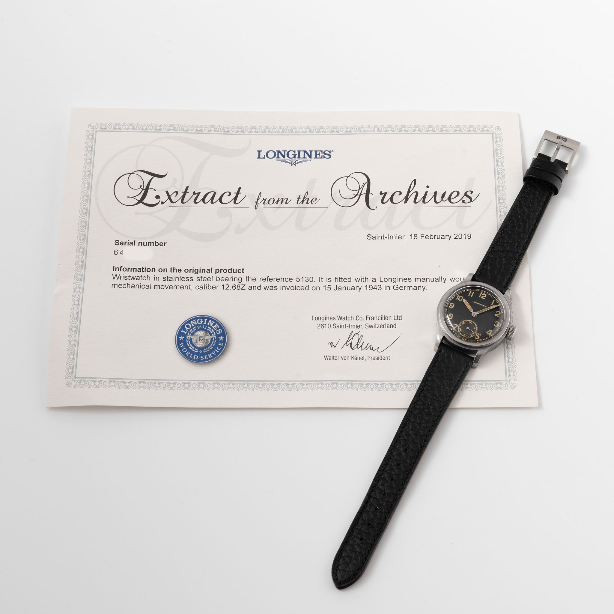 Longines Sei Tache Gilt Dial ref. 5130 with Extract of the Archives “German Army”