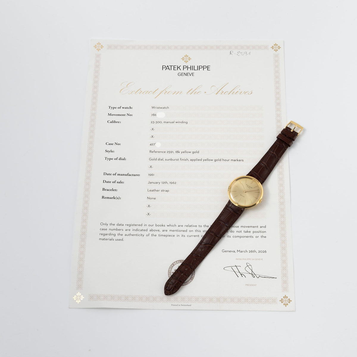 Patek Philippe Calatrava Disco Volante Ref. 2591J in 18k Yellow Gold with Sunburst Beyer Double-Signed Dial and Extract from the Archives