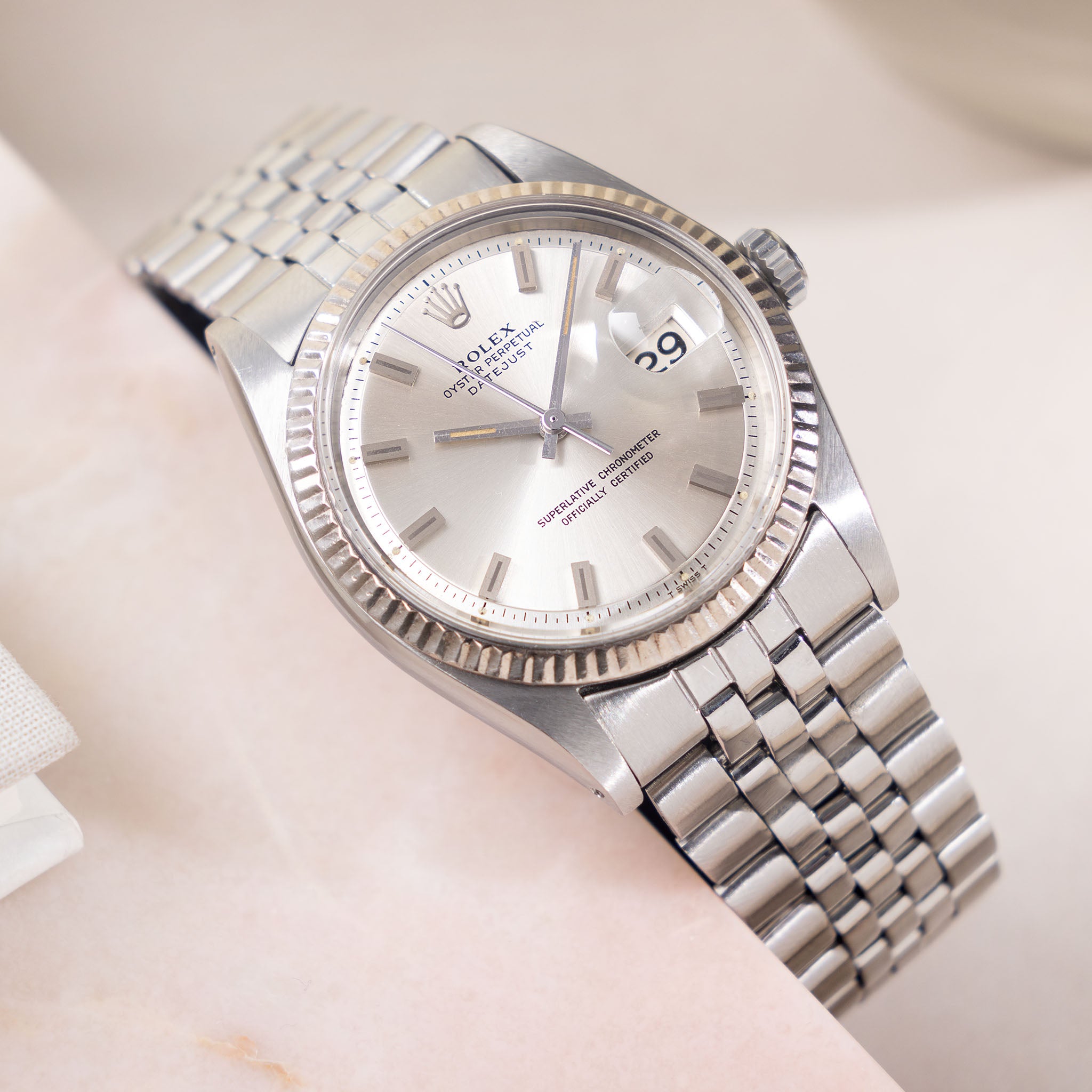 Rolex Datejust rare Singer "block markers silver dial " with box and double punched papers ref 1601