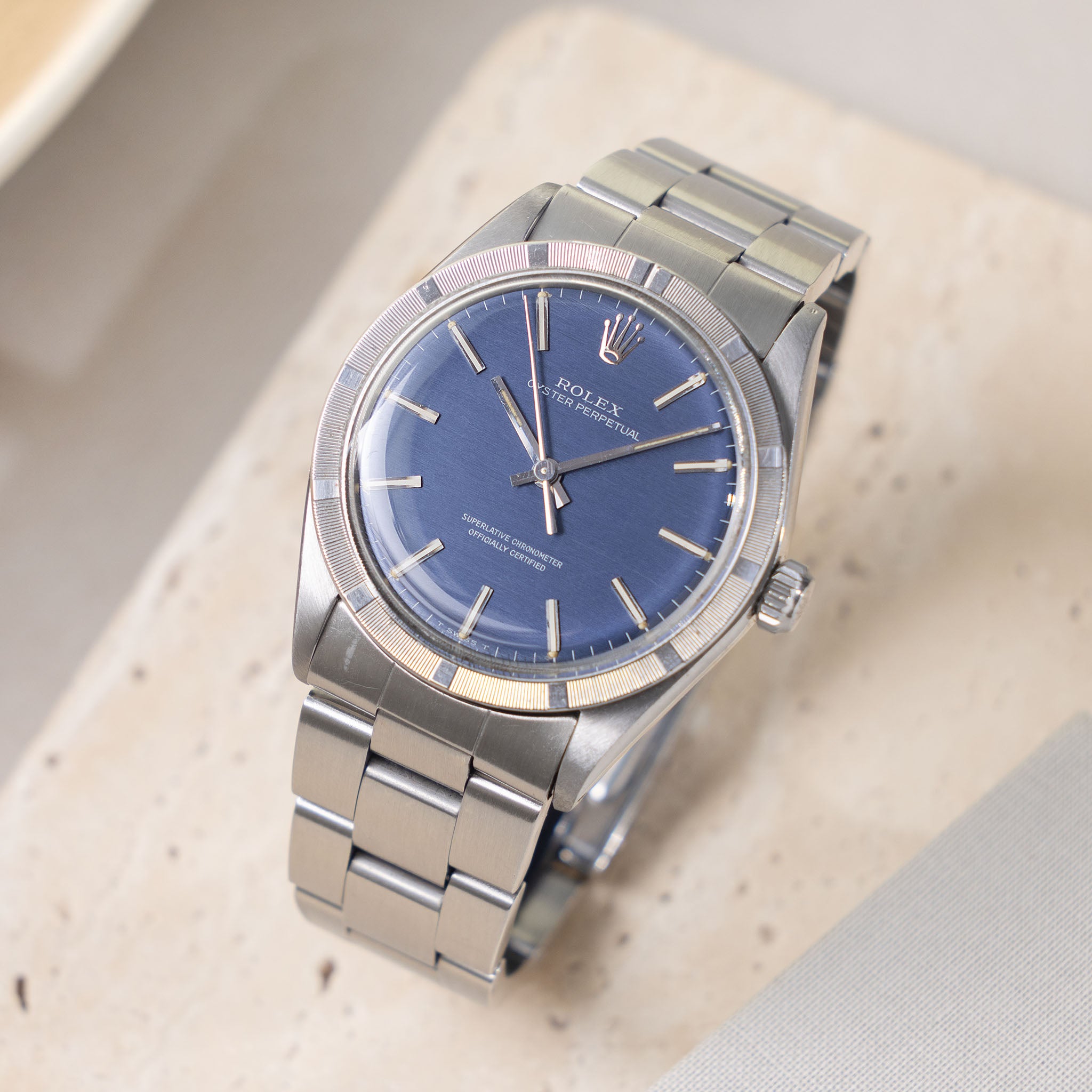 Rolex Oyster Perpetual Blue Horizontal Brushed Dial Ref 1007