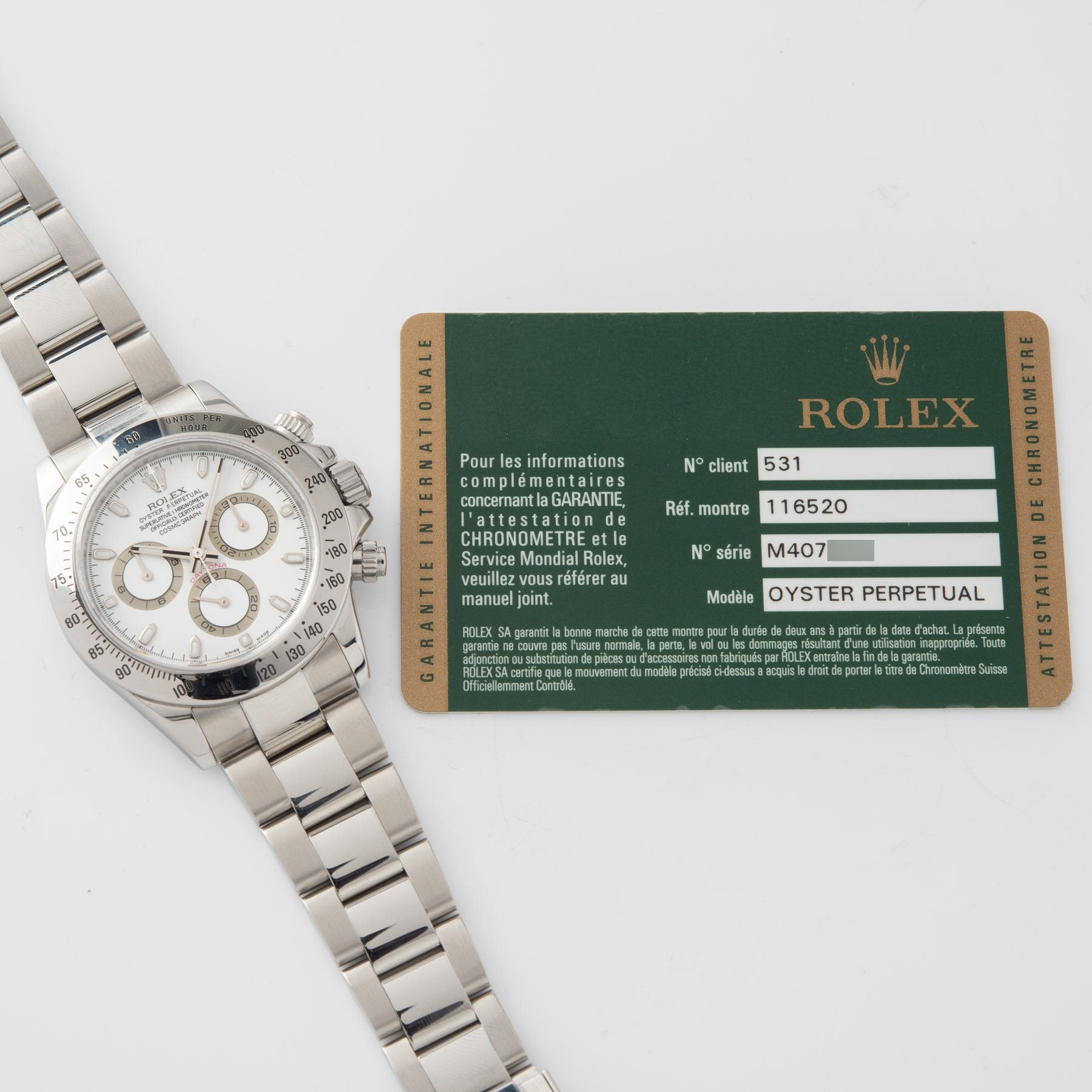 Rolex Daytona Steel 116520 White Dial with Guarantee Card