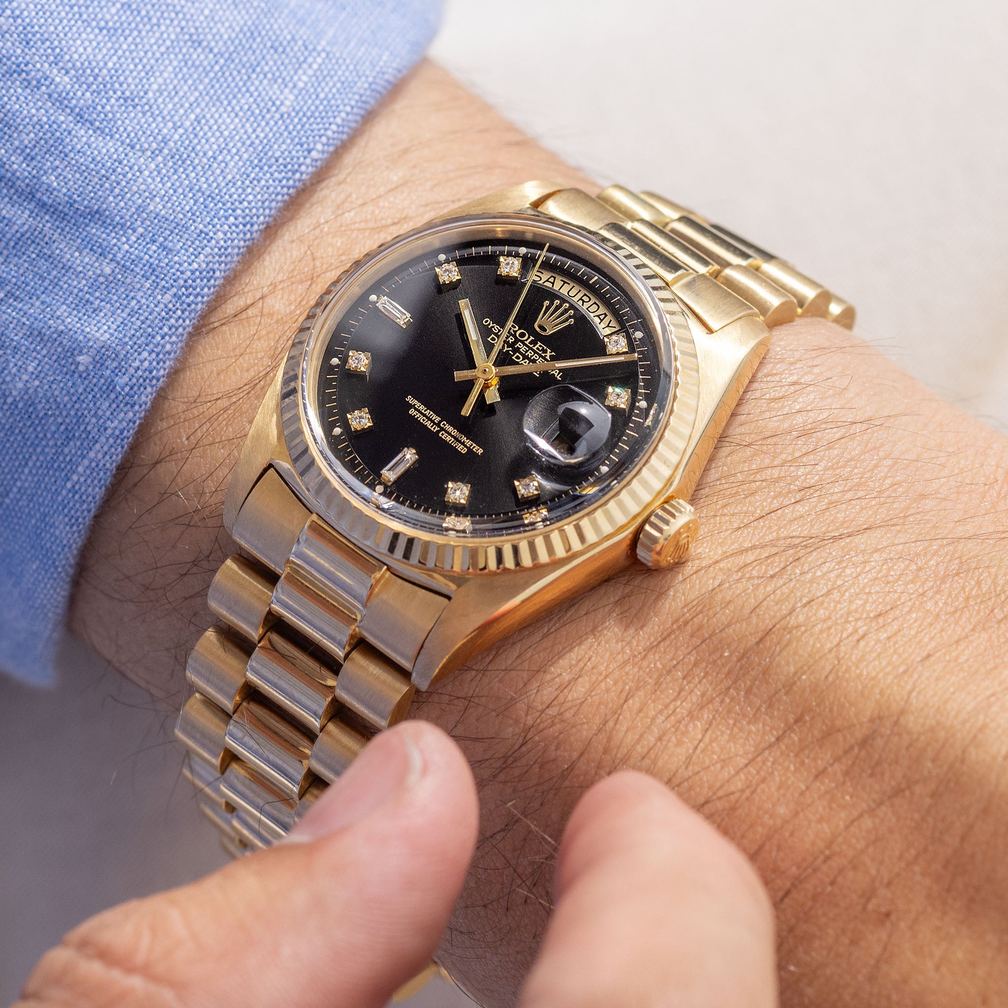 Rolex Day-Date Yellow Gold Black Diamond Hours Dial ref 1803