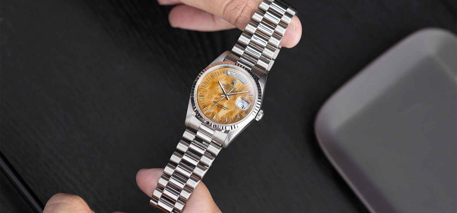 Rolex Day-Date 18239 White Gold Rare Birch Wood Dial with Papers