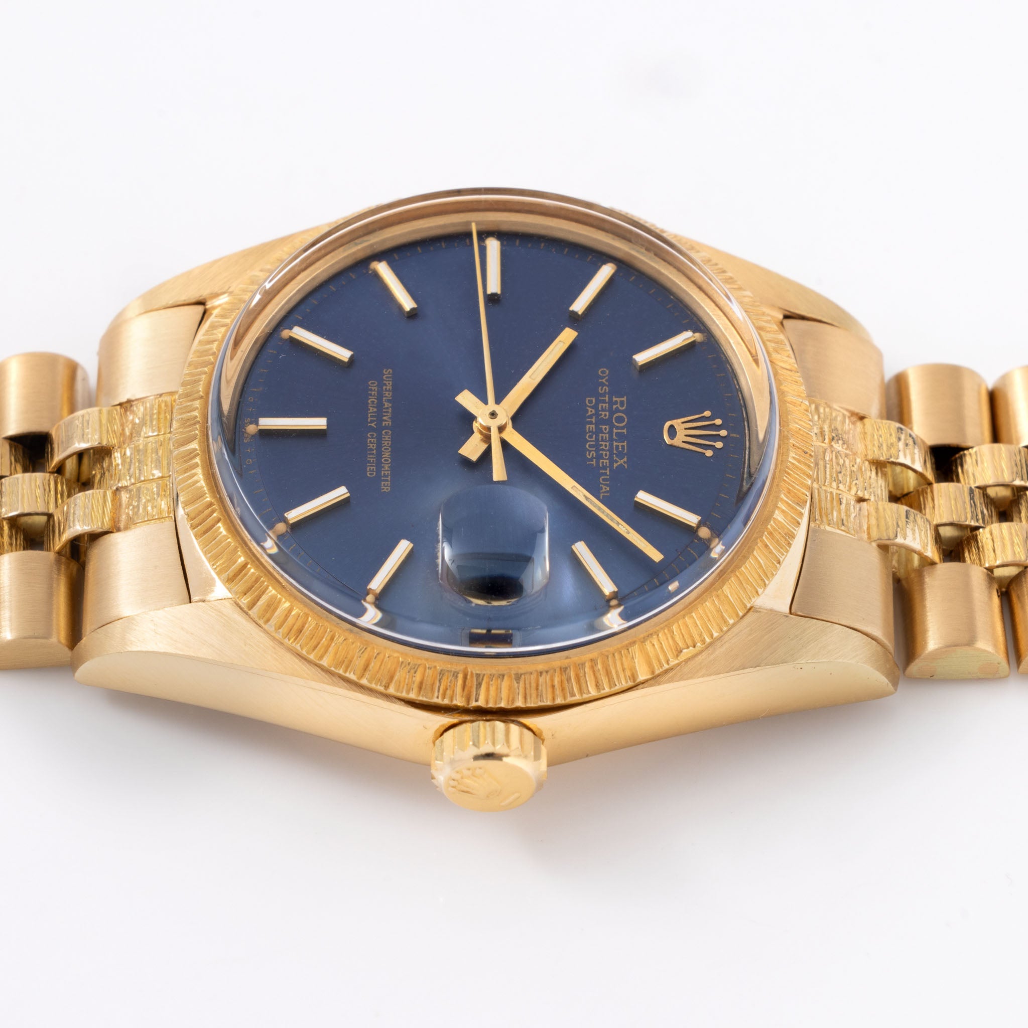 Rolex Datejust Blue Sigma Dial "Bark" Finish Ref. 1607 in 18k Yellow Gold