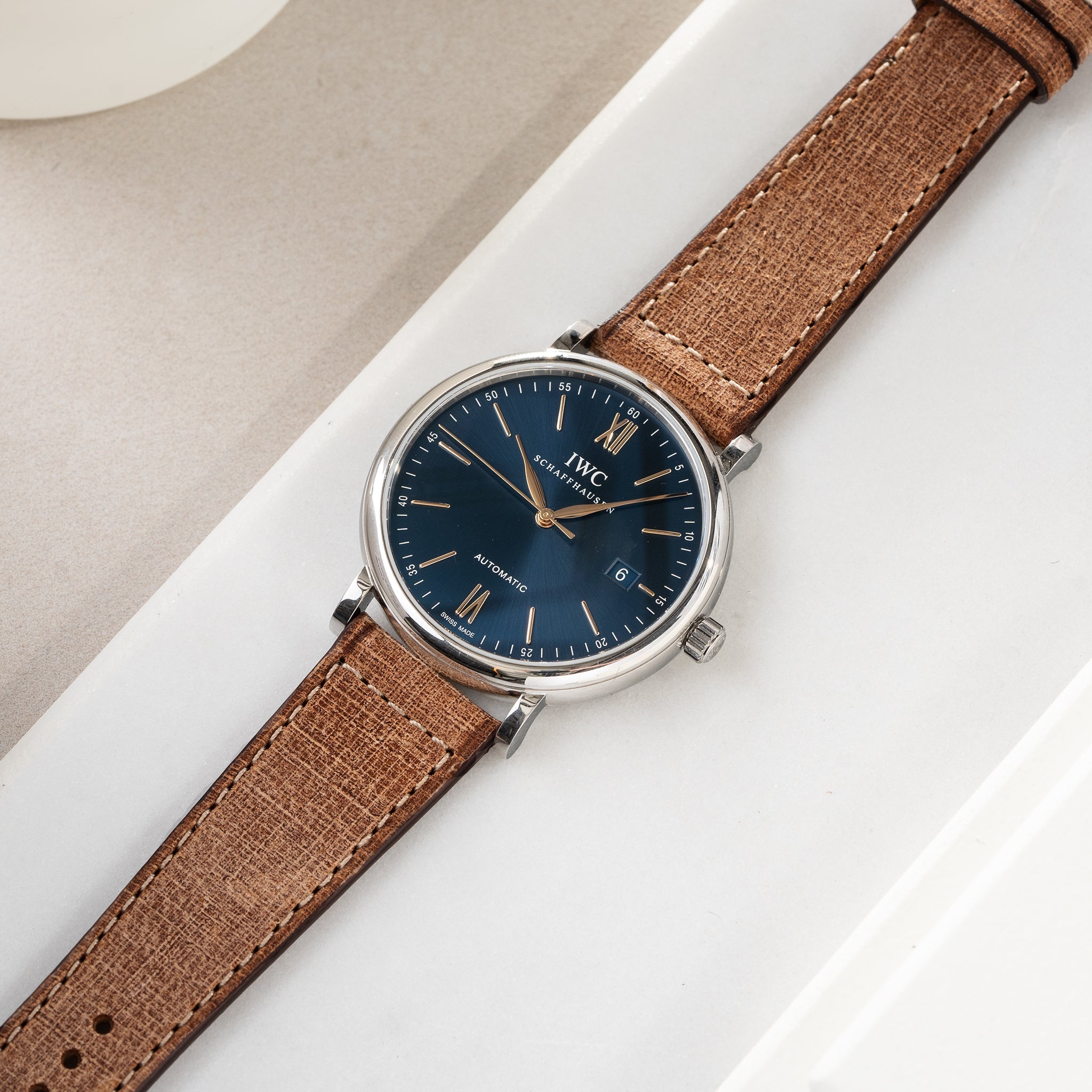 Horlogeband voor IWC Portofino - Linen Boxed Leather Deep Brown