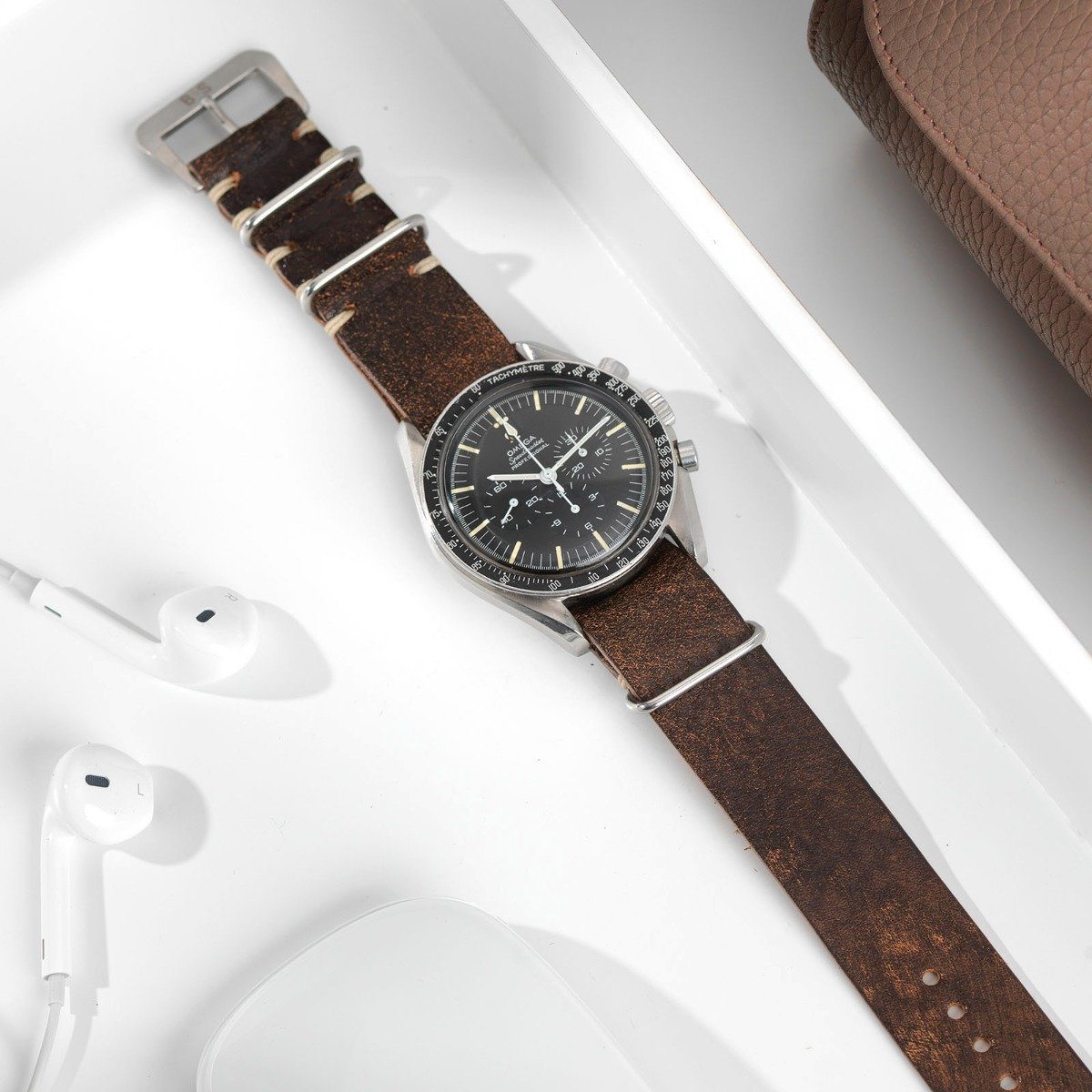 Woodie Brown Nato Leather Watch Strap